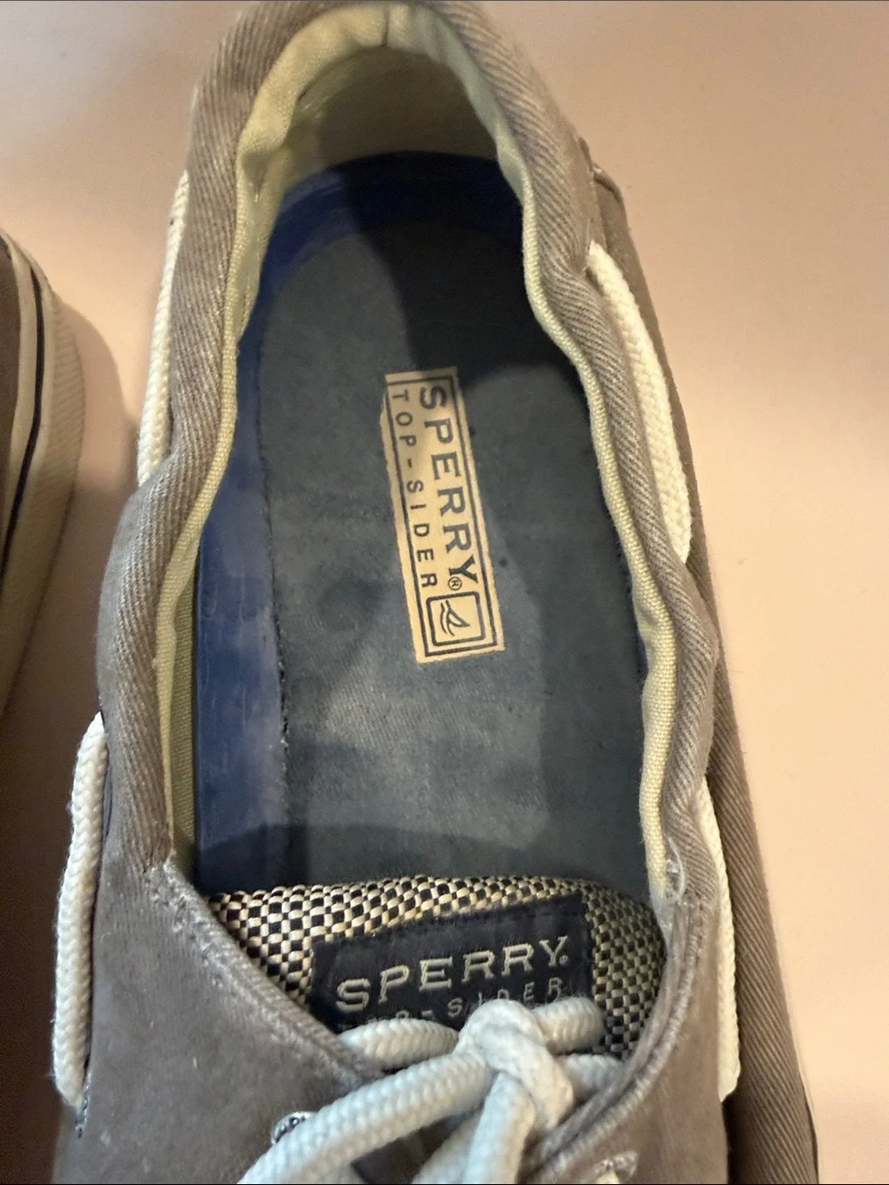 Sperry Taupe Canvas Boat Shoes with White Laces Size 12